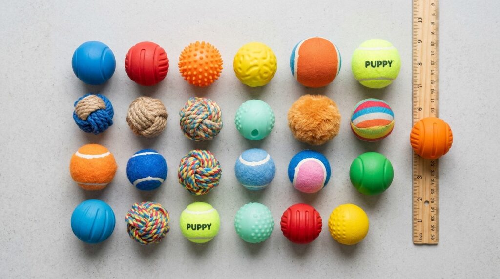 Close-up flat lay composition of various small dog balls in