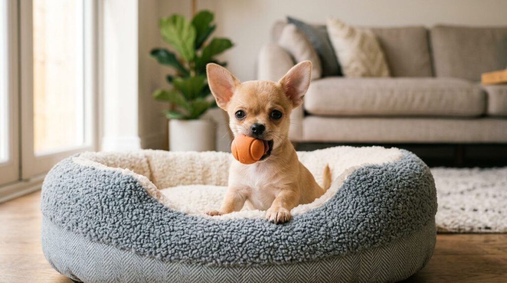 Chihuahua puppy indoors holding a small toy ball in its mout