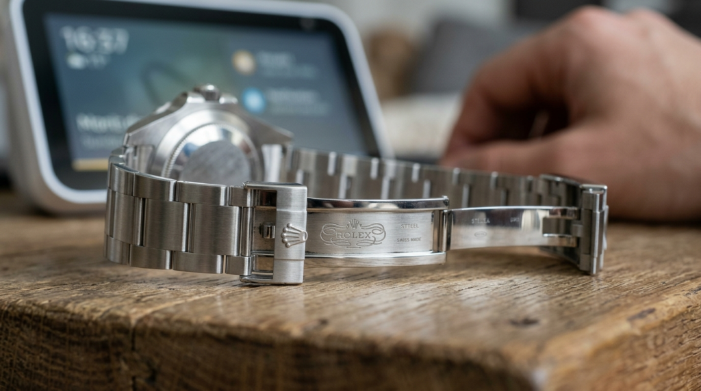 Close-up detail shot of a premium steel watch bracelet clasp