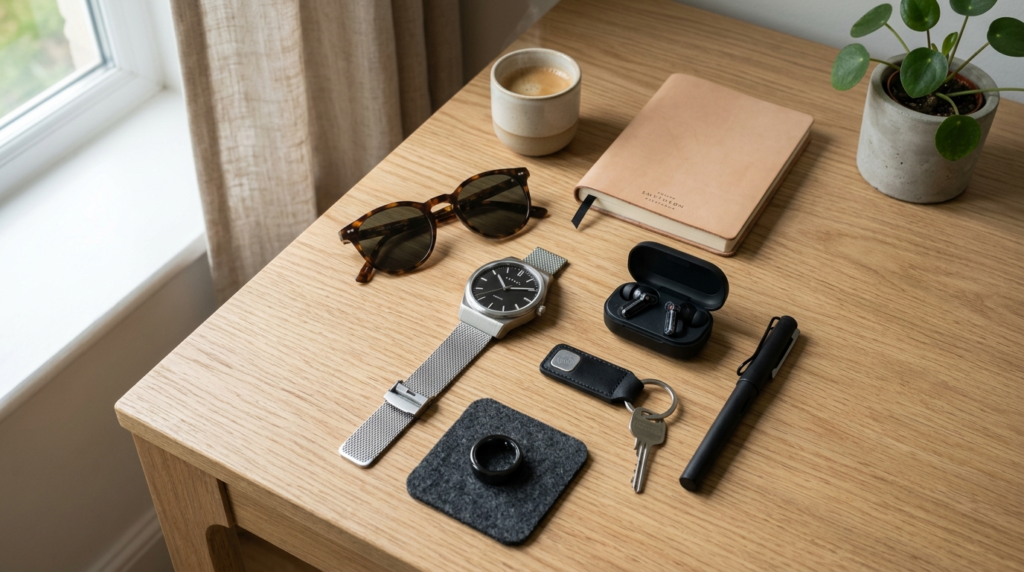 Flat lay composition of a modern stainless steel watch with