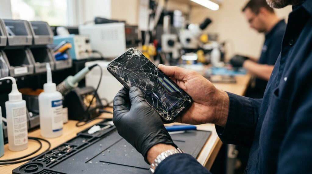 Close-up of skilled hands holding a broken mobile phone with