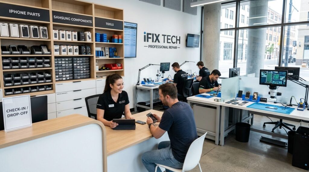 Modern phone repair service center interior with customer co