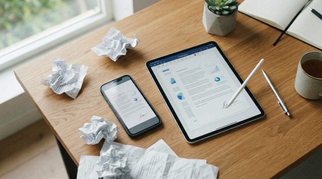 Close-up overhead shot of a wooden desk with smartphone and