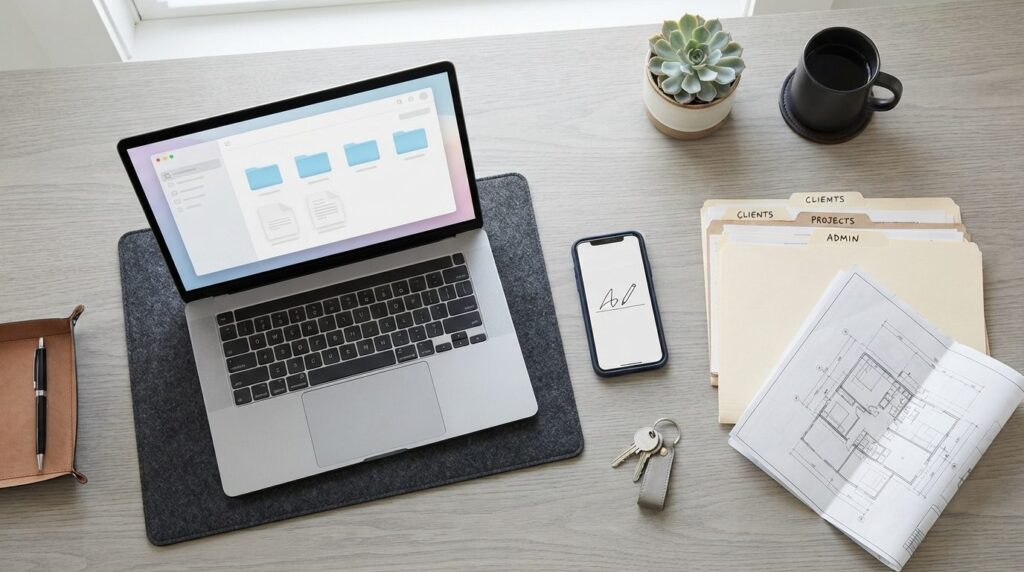 Flat lay composition showing organized digital workflow: lap