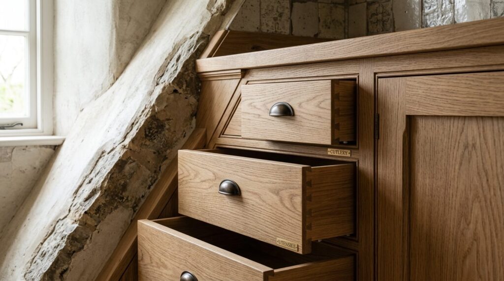 Close-up detail shot of precision-fitted wooden kitchen draw