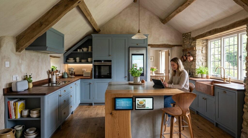 Wide angle interior photograph of a fully renovated kitchen 