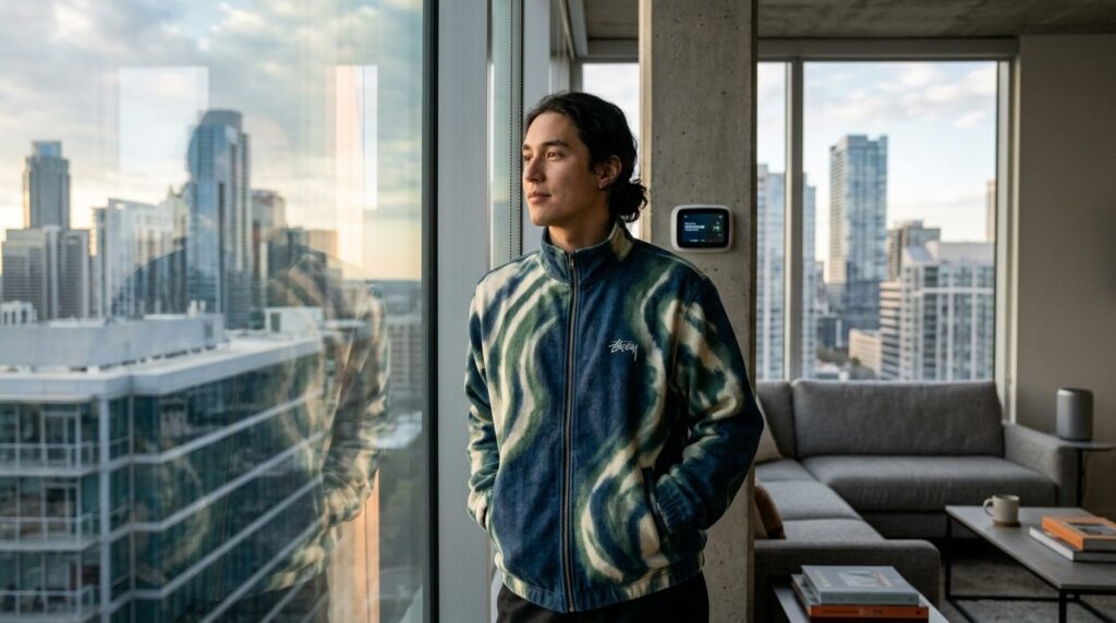 Close-up lifestyle shot of a person wearing the Stussy wave-