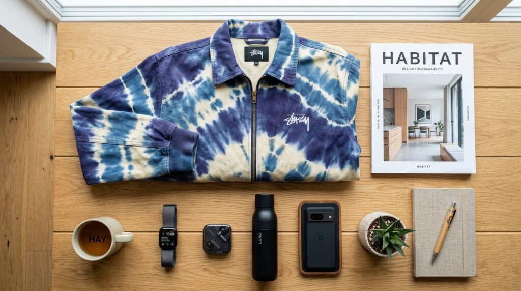 Flat lay composition of the Stussy wave-dye jacket alongside