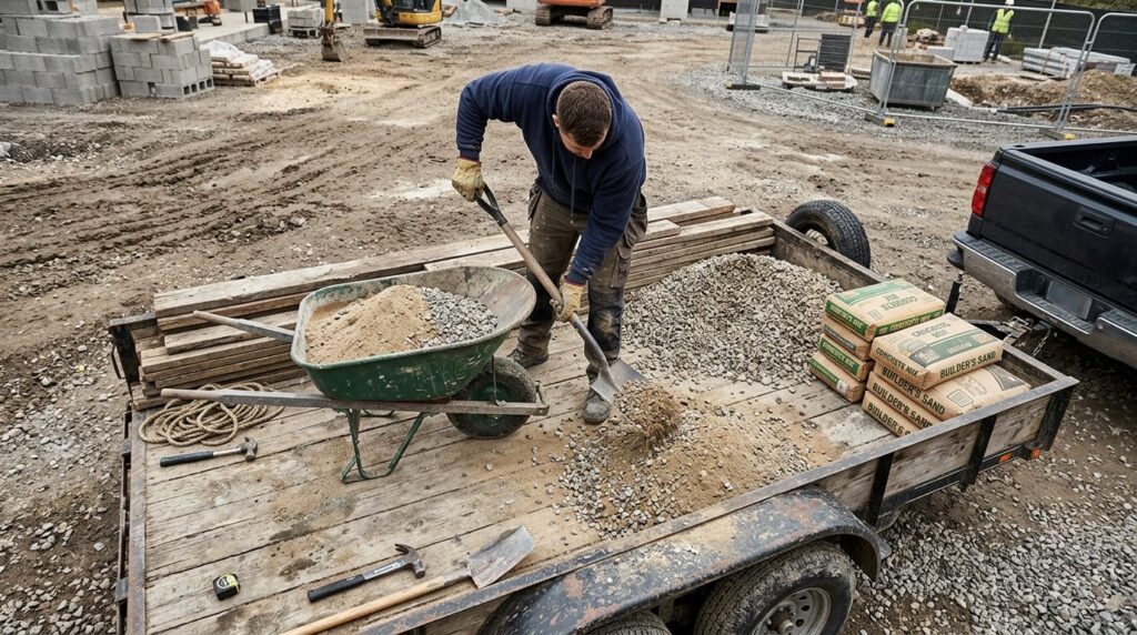 Close-up overhead view of a person carefully loading buildin